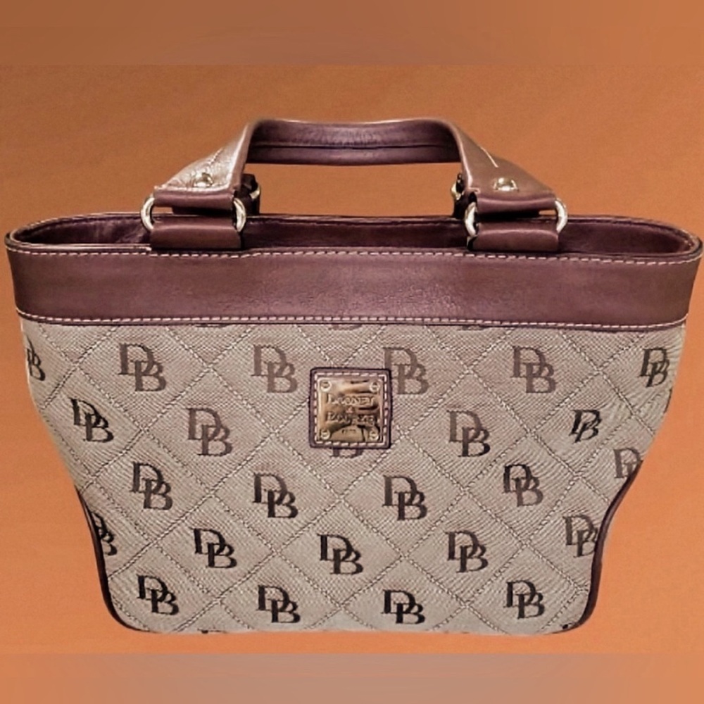 Vintage Dooney & Bourke Beige/Brown Signature Print Logo Leather Handbag